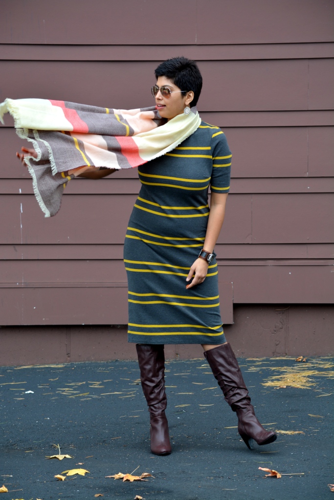 Stripe pencil Dress, Scarf, Long Boots, 2